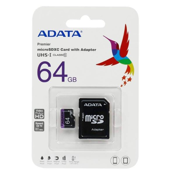 Adata Premier U1 C10 80MBs 64GB MicroSDHC Memory With Adapter